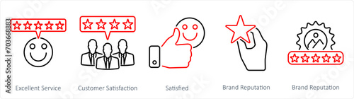 A set of 5 customer service icons as excellent service, customer satisfaction, satisfied