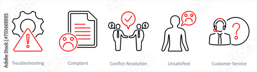 A set of 5 customer service icons as troubleshooting, complaint, conflict resolution