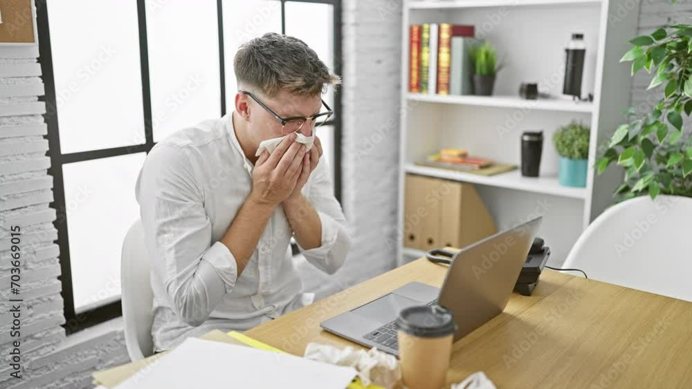 Young, handsome caucasian man, a focused business worker, battling sickness while crunching data on his laptop at the office, despite a relentless flu. Young, handsome caucasian man, a focused business worker, battling sickness while crunching data on his laptop at the office, despite a relentless flu.