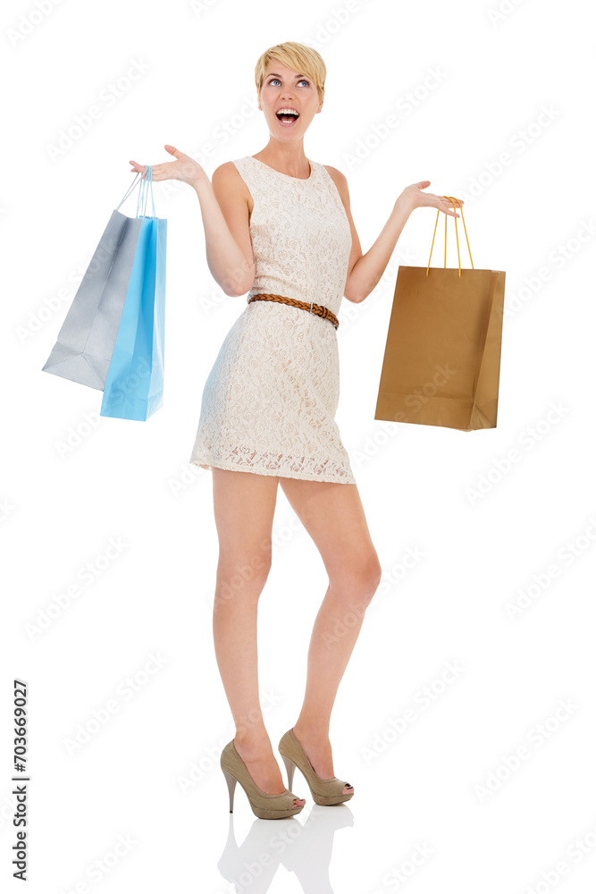 Happy woman, surprise and shopping bags for fashion, sale or purchase on a white studio background. Female person, shopper or blonde smile with gift bag for deal, discount or buying on mockup space Happy woman, surprise and shopping bags for fashion, sale or purchase on a white studio background. Female person, shopper or blonde smile with gift bag for deal, discount or buying on mockup space