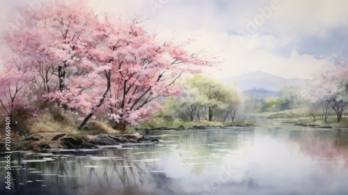 Generative AI A serene, misty morning in a cherry blossom garden. landscape watercolor