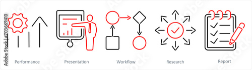 A set of 5 data analytics icons as performance, presentation, workflow