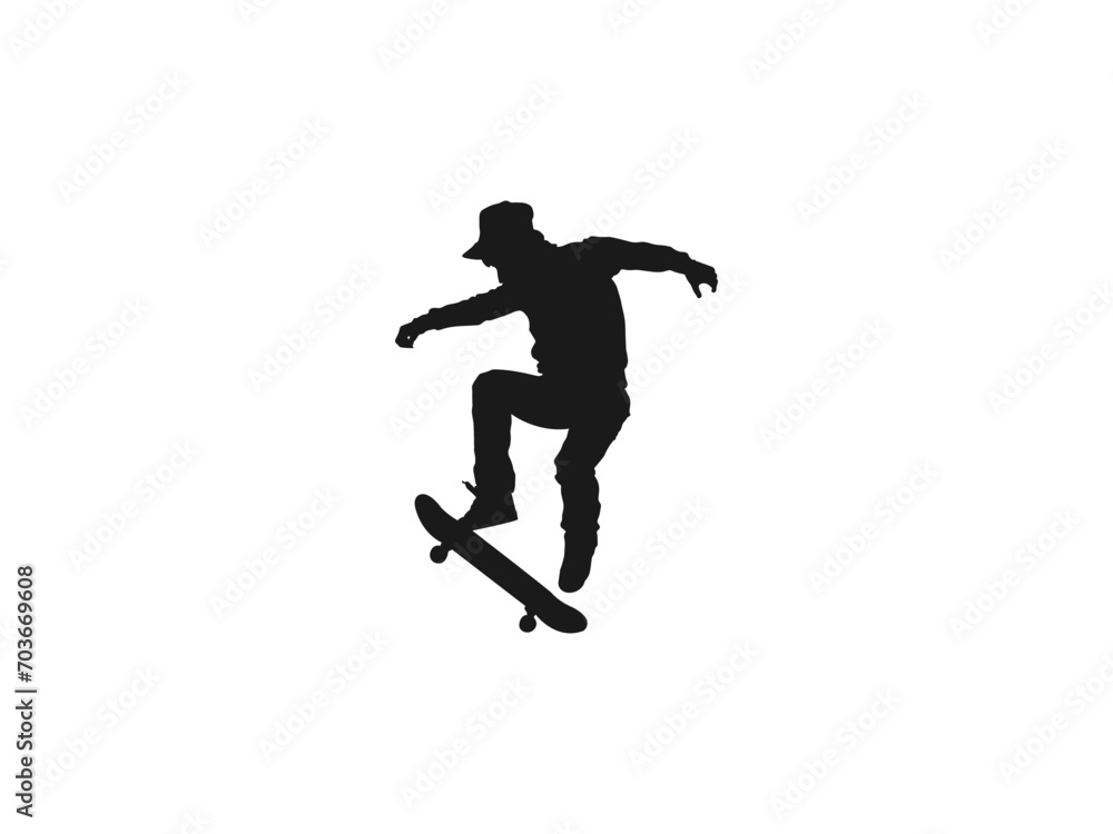 man playing skateboard silhouettes.Silhouette of a teenager boy playing skateboard. Silhouette of a male in action pose on skateboard. vector  skateboarder doing a leap, isolated against white. 