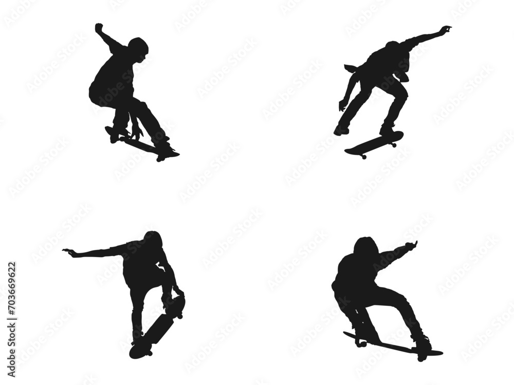 man playing skateboard silhouettes.Silhouette of a teenager boy playing skateboard.set of boy skateboarders silhouettes.vector illustration.vector  skateboarder doing a leap, isolated against white.