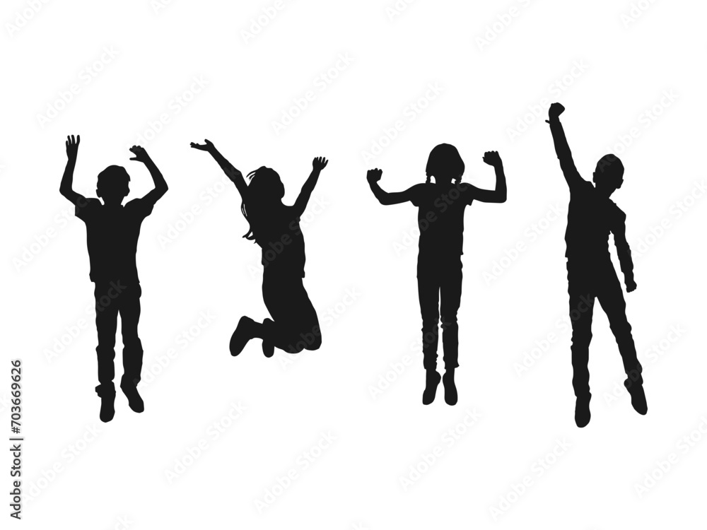 young girl jumping silhouettes set. Happy jumping people silhouettes. Black and white vector collection. Silhouette young girl jumping with hands up, motion. Vector isolated on white background.