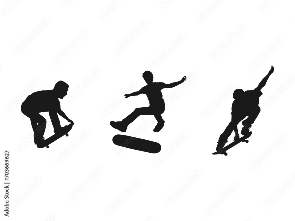 man playing skateboard silhouettes. Silhouette of a teenager boy playing skateboard. Jumping on skateboard silhouettes vector collection. Illustration of ten black poses on white background.