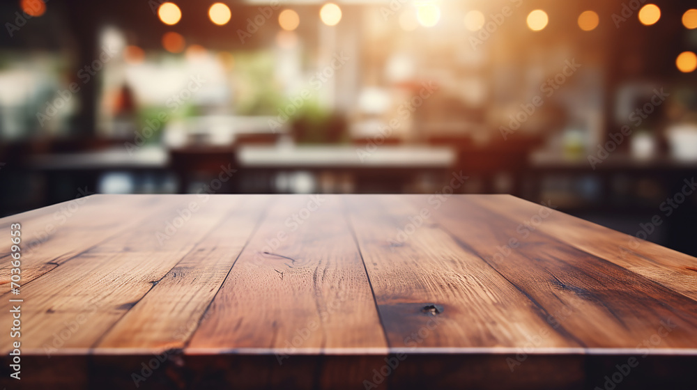 empty wood table with blur montage coffee shop background