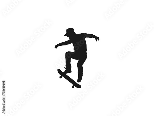 man playing skateboard silhouettes.Silhouette of a teenager boy playing skateboard. Silhouette of a male in action pose on skateboard. vector  skateboarder doing a leap, isolated against white.  © ultra designer