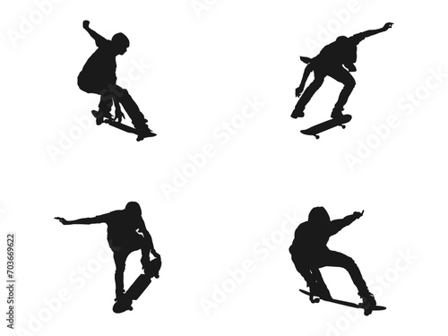man playing skateboard silhouettes. Silhouette of a teenager boy playing skateboard. set of boy skateboarders silhouettes. vector  skateboarder doing a leap, isolated against white.