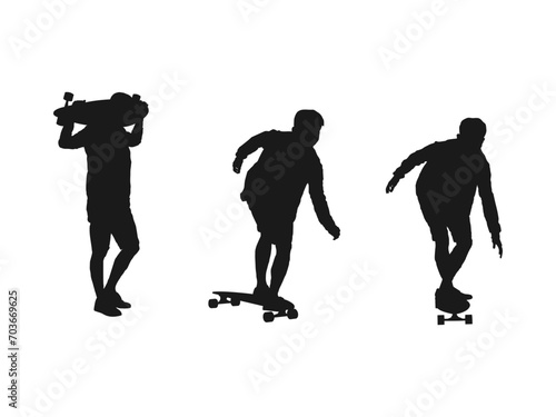 man playing skateboard silhouettes. Silhouette of a teenager boy playing skateboard. set of boy skateboarders silhouettes. vector skateboarder doing a leap, isolated against white.	