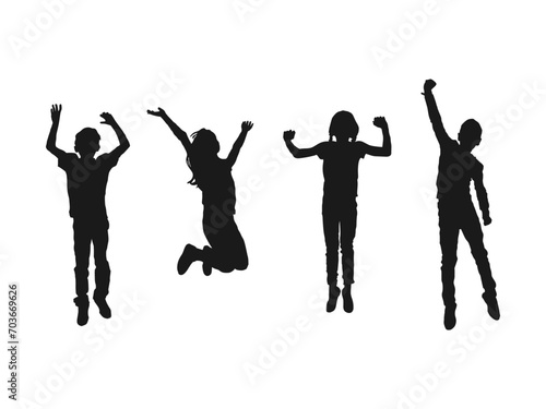 young girl jumping silhouettes set. Happy jumping people silhouettes. Black and white vector collection. Silhouette young girl jumping with hands up, motion. Vector isolated on white background.