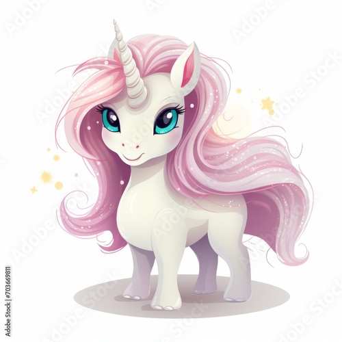 Generative AI A tiny magical unicorn with a flowing mane and a shimmering horn, radiating grace.