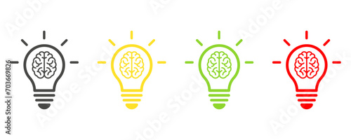 Light bulb and brain icon isolated on white background. Creative idea, mind, nonstandard thinking logo. photo