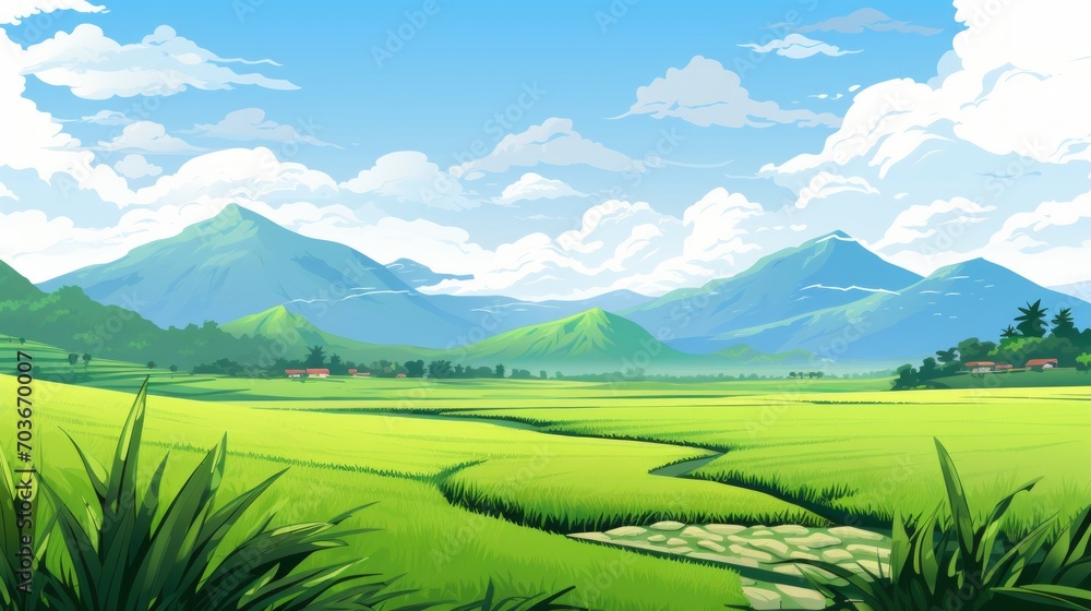 Generative AI A tranquil rice paddy field with mountains in the distance. Generative AI A tranquil rice paddy field with mountains in the distance.