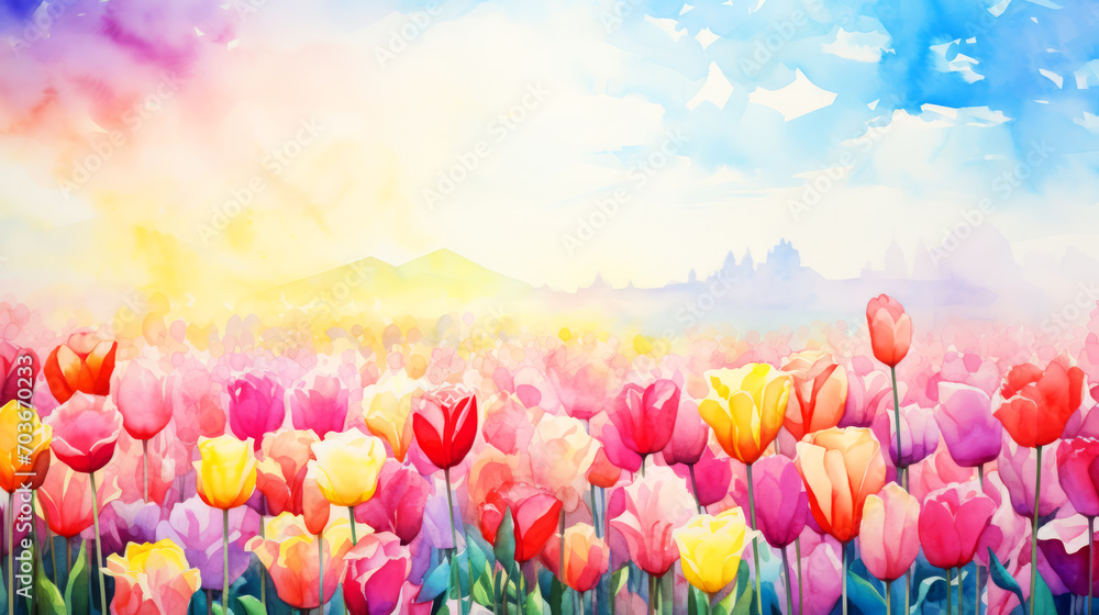 Tulip flower background. Watercolor painting.  - obrazy, fototapety, plakaty 