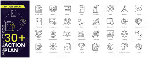Action plan editable stroke icons set. Strategy, tasks, goal, action, planning, collaboration, Action Plan, Monitor, Improvement, Goal, Mission, Vision, Strategy and analysis. Vector Collections