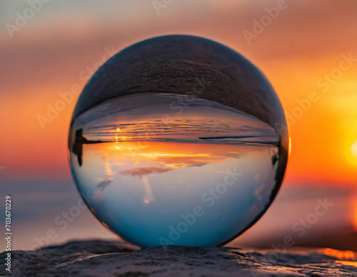 A sphere with a sunset in the background