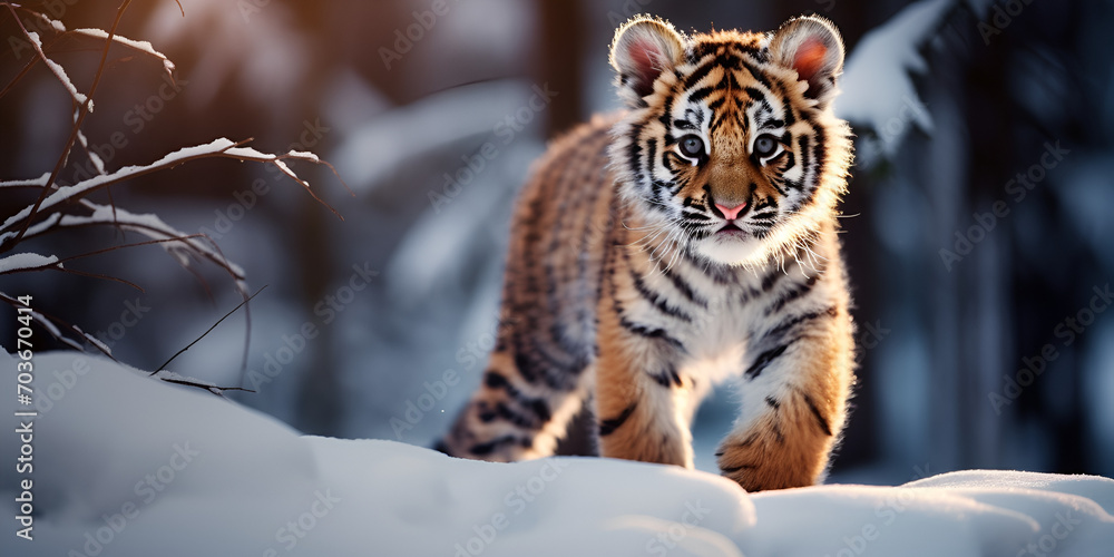 Adorable Tiger Cub Playing in Winter Snow Generative Ai Snowy Playtime Delight Cute Tiger Cub in Generative AI Scene  