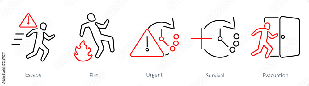 A set of 5 Emergency icons as escape, fire, urgent A set of 5 Emergency icons as escape, fire, urgent