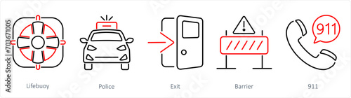 A set of 5 Emergency icons as lifeuoy, police, exit