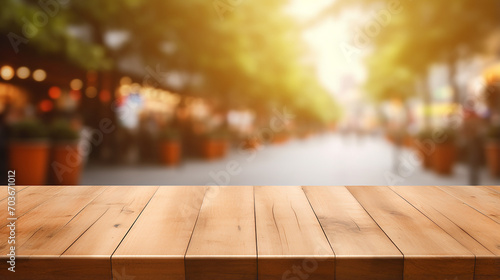 wooden board empty table in front of blurred background
