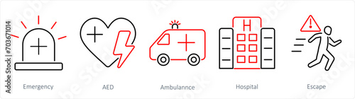 A set of 5 Emergency icons as emergency, aed, ambulance