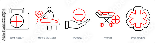 A set of 5 Emergency icons as first aid kit, heart massage, medical
