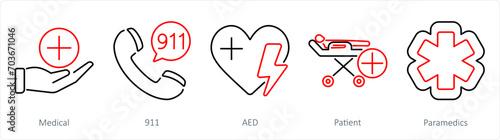 A set of 5 Emergency icons as medical, 911, aed