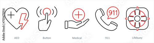 A set of 5 Emergency icons as aed, button, medical