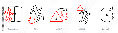 A set of 5 Emergency icons as evacuation, fire, urgent