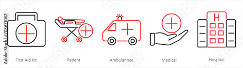 A set of 5 Emergency icons as first aid kit, patient, ambulance