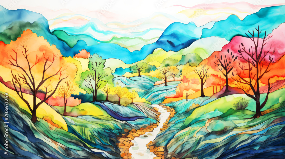 Watercolor landscape with mountain river and forest. Hand drawn illustration.