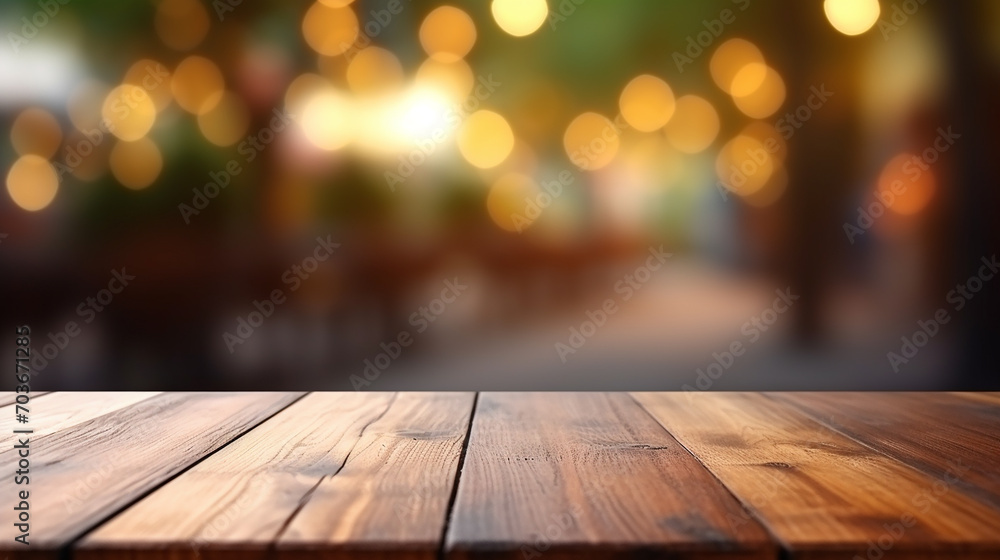 wooden board empty table in front of blurred background coffee shop with lights