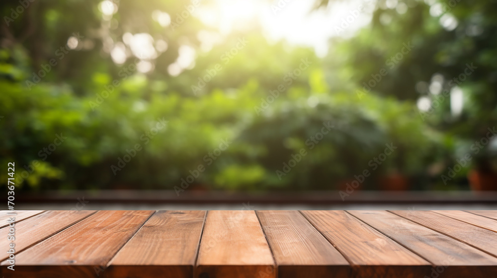 wooden product table top with blurred outdoor backyard