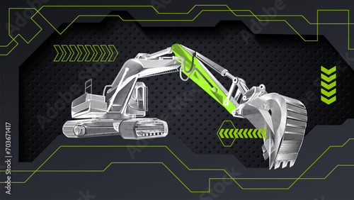 Excavator technical line art drawing. Heavy Equipment art wallpaper.