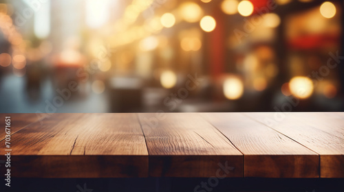 wooden top table with bokeh light effect and blurred restaurant on background,
