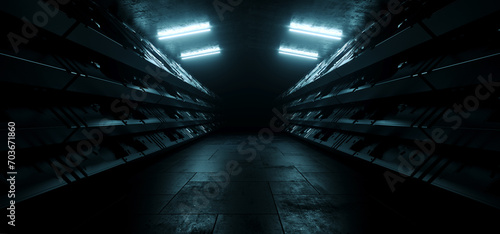 Sci Fi Modern Dark Cyberpunk Car Parking Corridor Showroom Tunnel Hangar Garage Metal Cement Concrete Blue Lights Studio 3D Rendering