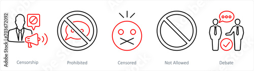 A set of 5 Freedom of Speech icons as censorship, prohibited, censored