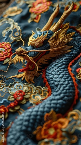  Silk kimono embroidered with traditional Chinese blue and gold dragon pattern, extremely delicate stitches. Satin fabric, very detailed texture. Asian costume concept