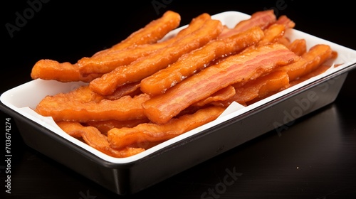 a container filled with fried carrot fries on a black background photo