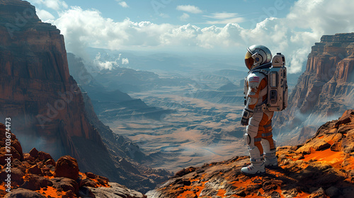 Astronaut looks at the majestic Martian landscape, exploration, exploration: Space missions, planet exploration, futuristic illustration