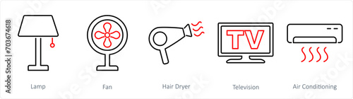 A set of 5 Home Appliance icons as lamp, fan, hair dryer