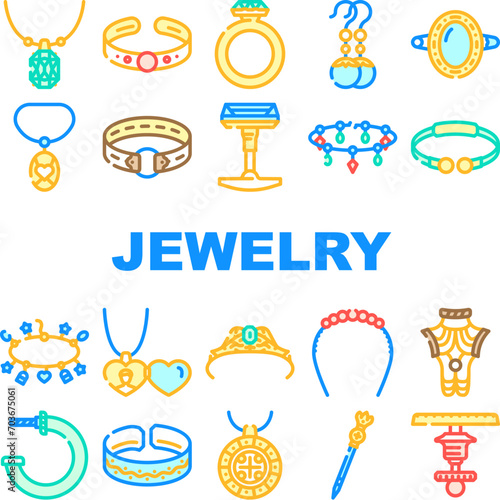 jewelry ring gold jewel icons set vector. jewellery accessory, necklace diamond, bracelet silver, gift, luxury girl jewelry ring gold jewel color line illustrations