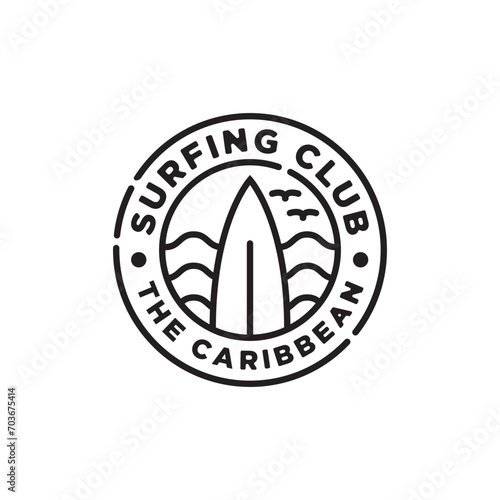 Vintage Line Surf Surfing Club Ocean Wave Beach Vacation Trip Summer Hipster Logo Design