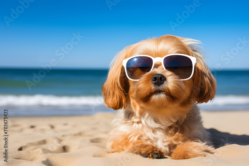 Funny dog posing on a beach in sunglasses. © Pacharee