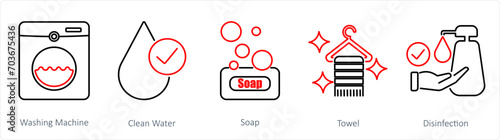 A set of 5 Hygiene icons as washing machine, clean water, soap