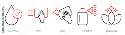 A set of 5 Hygiene icons as clean water, wipe, clean