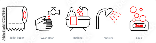 A set of 5 Hygiene icons as toilet paper, wash hand, bathing