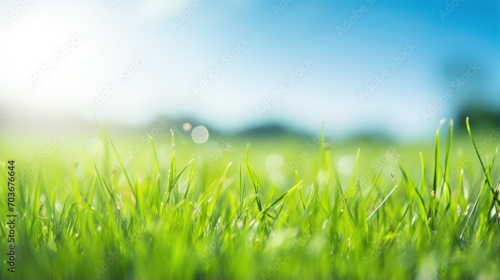 Fototapeta premium Green grass field and blue sky create a summer landscape background with a blurred effect.