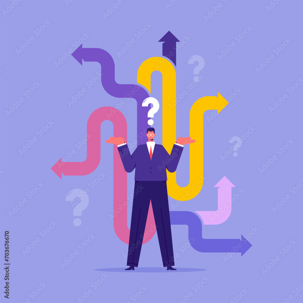 Work direction or choose the right way to success concept, business decision making, career path, confusing businessman looking at crossroad sign with question mark and think which way to go Work direction or choose the right way to success concept, business decision making, career path, confusing businessman looking at crossroad sign with question mark and think which way to go